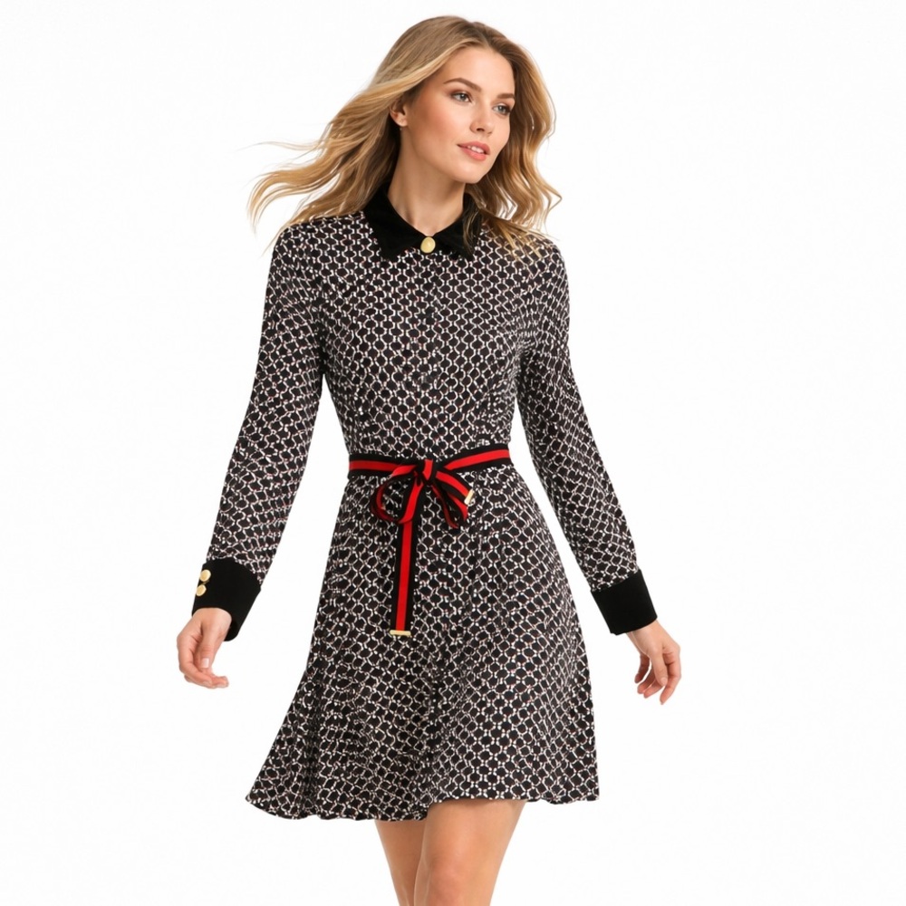 ESQUALO Black and White Patterned Long-Sleeve Dress with Red Belt
